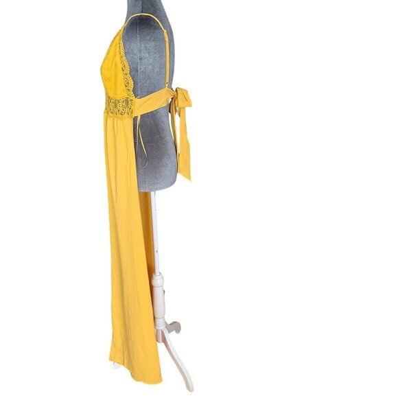 Yellow Lace Overlay Spaghetti Strap Jumpsuit With Tie Back And Sheer Waist Detai - Picture 4 of 8